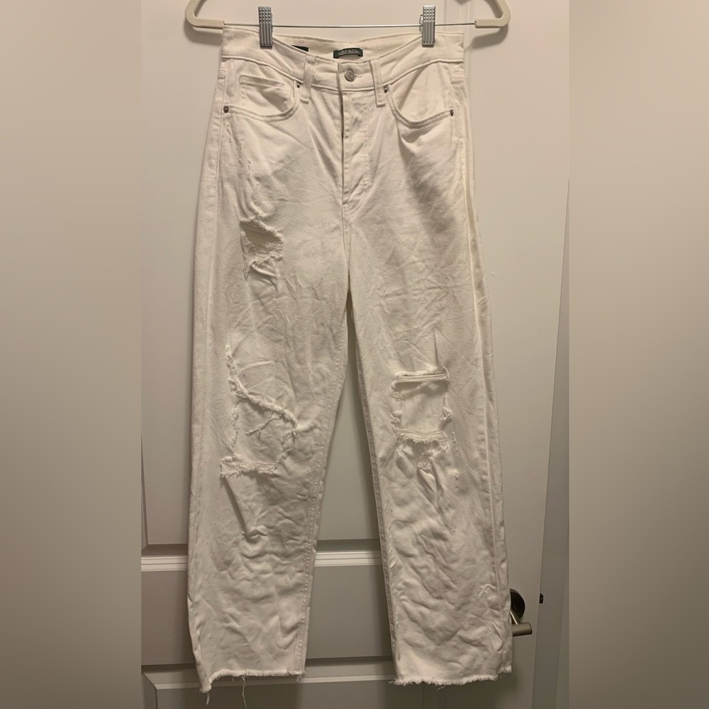 High-Rise White Distressed Wide-Leg Jeans